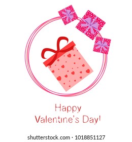 Greeting card with St. Valentine's Day. Gift box with a print of red hearts. Abstract vector background.