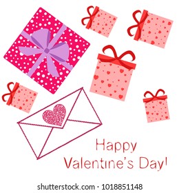 Greeting card with St. Valentine's Day. Gift box with a print of red hearts. Abstract vector background.