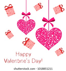 Greeting card with St. Valentine's Day. Gift box with a print of red hearts. Abstract vector background.