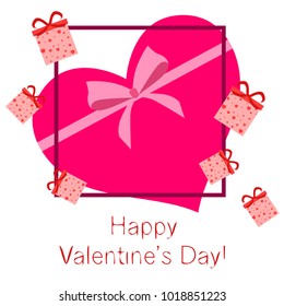 Greeting card with St. Valentine's Day. Gift box with a print of red hearts. Abstract vector background.