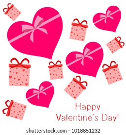 Greeting card with St. Valentine's Day. Gift box with a print of red hearts. Abstract vector background.