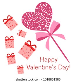 Greeting card with St. Valentine's Day. Gift box with a print of red hearts. Abstract vector background.
