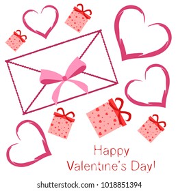 Greeting card with St. Valentine's Day. Gift box with a print of red hearts. Abstract vector background.