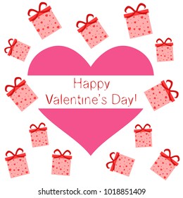 Greeting card with St. Valentine's Day. Gift box with a print of red hearts. Abstract vector background.