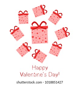 Greeting card with St. Valentine's Day. Gift box with a print of red hearts. Abstract vector background.