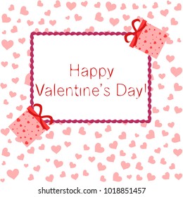 Greeting card with St. Valentine's Day. Gift box with a print of red hearts. Abstract vector background.