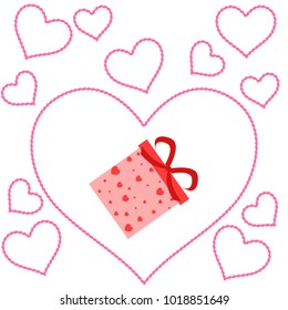 Greeting card with St. Valentine's Day. Gift box with a print of red hearts. Abstract vector background.