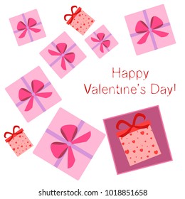 Greeting card with St. Valentine's Day. Gift box with a print of red hearts. Abstract vector background.