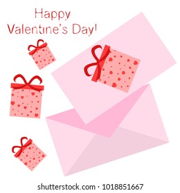 Greeting card with St. Valentine's Day. Gift box with a print of red hearts. Abstract vector background.