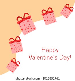 Greeting card with St. Valentine's Day. Gift box with a print of red hearts. Abstract vector background.