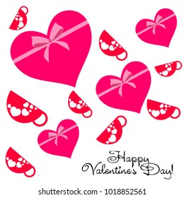 Greeting card with St. Valentine's Day. Red mugs for lovers with prints skrdechki. Abstract vector background.