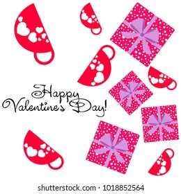 Greeting card with St. Valentine's Day. Red mugs for lovers with prints skrdechki. Abstract vector background.