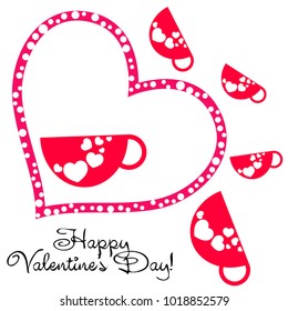 Greeting card with St. Valentine's Day. Red mugs for lovers with prints skrdechki. Abstract vector background.