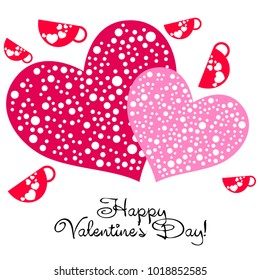 Greeting card with St. Valentine's Day. Red mugs for lovers with prints skrdechki. Abstract vector background.