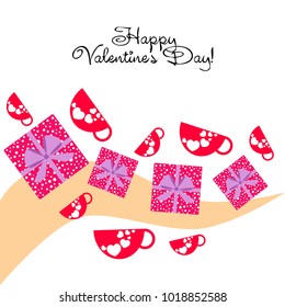 Greeting card with St. Valentine's Day. Red mugs for lovers with prints skrdechki. Abstract vector background.