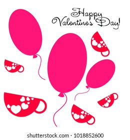 Greeting card with St. Valentine's Day. Red mugs for lovers with prints skrdechki. Abstract vector background.