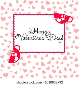 Greeting card with St. Valentine's Day. Red mugs for lovers with prints skrdechki. Abstract vector background.