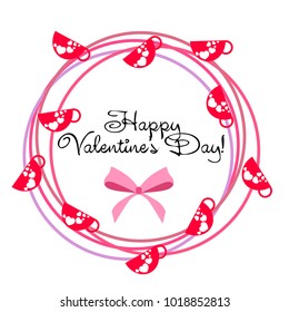 Greeting card with St. Valentine's Day. Red mugs for lovers with prints skrdechki. Abstract vector background.