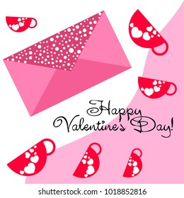 Greeting card with St. Valentine's Day. Red mugs for lovers with prints skrdechki. Abstract vector background.
