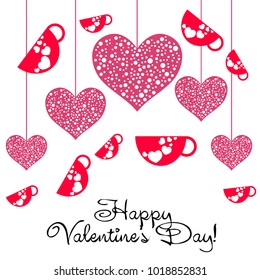 Greeting card with St. Valentine's Day. Red mugs for lovers with prints skrdechki. Abstract vector background.