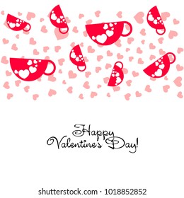 Greeting card with St. Valentine's Day. Red mugs for lovers with prints skrdechki. Abstract vector background.