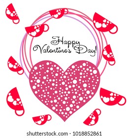 Greeting card with St. Valentine's Day. Red mugs for lovers with prints skrdechki. Abstract vector background.