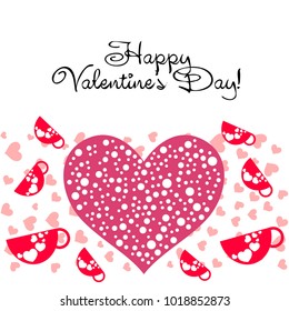 Greeting card with St. Valentine's Day. Red mugs for lovers with prints skrdechki. Abstract vector background.