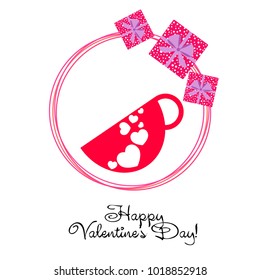 Greeting card with St. Valentine's Day. Red mugs for lovers with prints skrdechki. Abstract vector background.