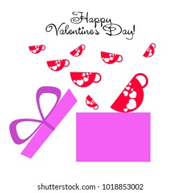 Greeting card with St. Valentine's Day. Red mugs for lovers with prints skrdechki. Abstract vector background.
