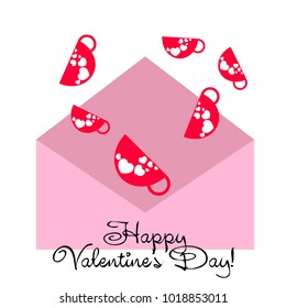 Greeting card with St. Valentine's Day. Red mugs for lovers with prints skrdechki. Abstract vector background.