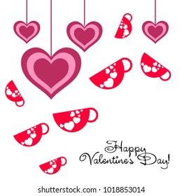 Greeting card with St. Valentine's Day. Red mugs for lovers with prints skrdechki. Abstract vector background.