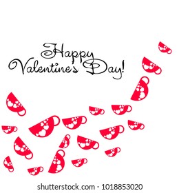 Greeting card with St. Valentine's Day. Red mugs for lovers with prints skrdechki. Abstract vector background.