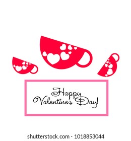 Greeting card with St. Valentine's Day. Red mugs for lovers with prints skrdechki. Abstract vector background.