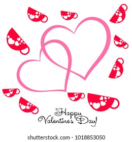Greeting card with St. Valentine's Day. Red mugs for lovers with prints skrdechki. Abstract vector background.