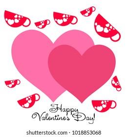 Greeting card with St. Valentine's Day. Red mugs for lovers with prints skrdechki. Abstract vector background.