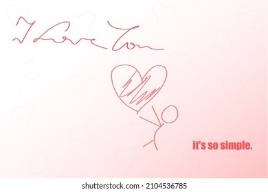 greeting card for St. Valentine's Day. calligraphy i love you and simple cartoon man with heart. minimalist style on a pink gradient background. small hearts on the background. vector image for banner