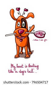 Greeting card for St. valentines day with puppy and sweet candy heart shaped quote my heart is beating like a dog's tail