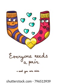 Greeting card for St. Valentines day socks fall in love hearts around and quote everyone needs a pair