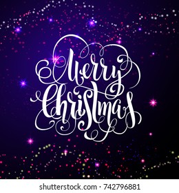Greeting card with starry shining sky and calligraphic sigh Merry Christmas. Vector illustration of holiday EPS10