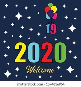 Greeting Card With Stars And Balloons On Blue Background To Welcome The Year 2020