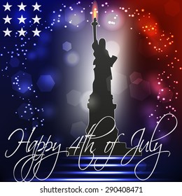 Greeting card with statue of liberty for Independence day. 4th of July. Bokeh background with stars