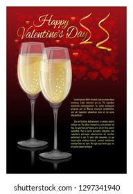 Greeting card with stemware to St. Valentines Day. Romantic design with a couple of glasses of champagne and a congratulatory inscription. Vector illustration