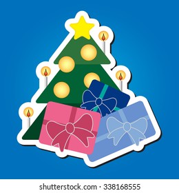 greeting card or sticker - green Christmas tree with gold star, balls, candles and colored gifts on a blue background