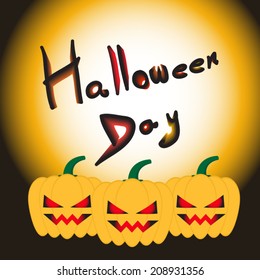 Greeting card style Halloween vector featuring three pumpkins below the words “Halloween Day” with radial gradient from white-yellow to black.