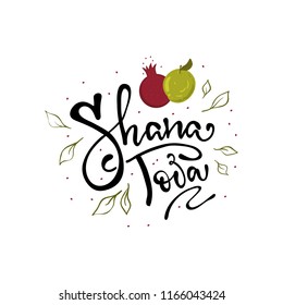 A greeting card with stylish lettering Shana Tova. Hand sketched Shana Tova calligraphy text as logotype, badge icon for Jewish New Year. Template for postcard, invitation, poster, banner template. 