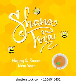 A greeting card with stylish lettering Shana Tova. Hand sketched Shana Tova calligraphy text as logotype, badge icon for Jewish New Year. Template for postcard, invitation, poster, banner template. 