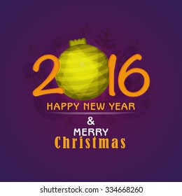 Greeting card with stylish text 2016 and Xmas Ball on snowflakes decorated purple background for Happy New Year and Merry Christmas celebration.