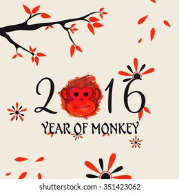 Greeting card with stylish text 2016 and cute Monkey face for Chinese New Year celebration.