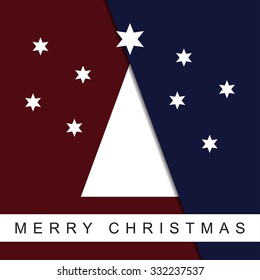 greeting card - stylized Christmas white tree with stars and text on a deep blue and brown background