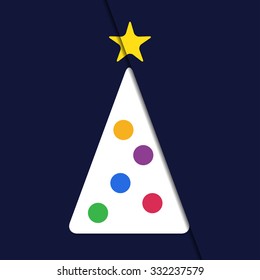 greeting card - stylized Christmas white tree with yellow star and colored balls on a deep blue background